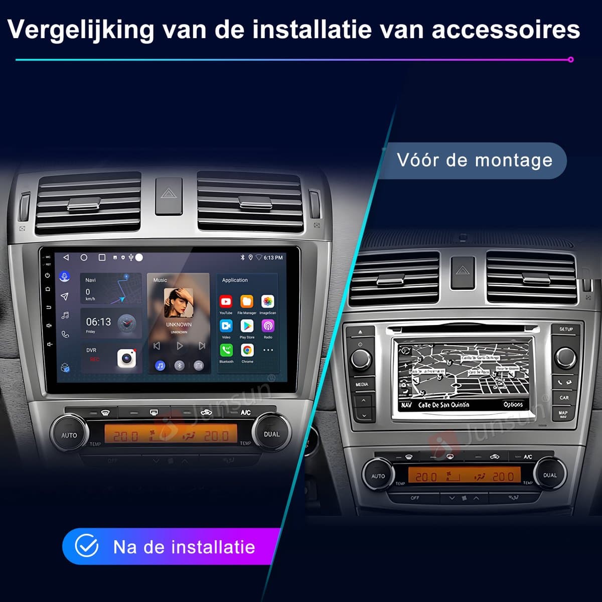 Junsun Android 15 Autoradio Geschikt voor Toyota Avensis T27 2008-2015 Accessoires, Draadloze CarPlay & Andriod Auto, DAB+, GPS-Navigatie, WIFI, Bluetooth, RDS, DSP, SWC, 9-inch Touchscreen, 4 GB+64 GB, DSP, Octa-Core processor — afbeelding 1