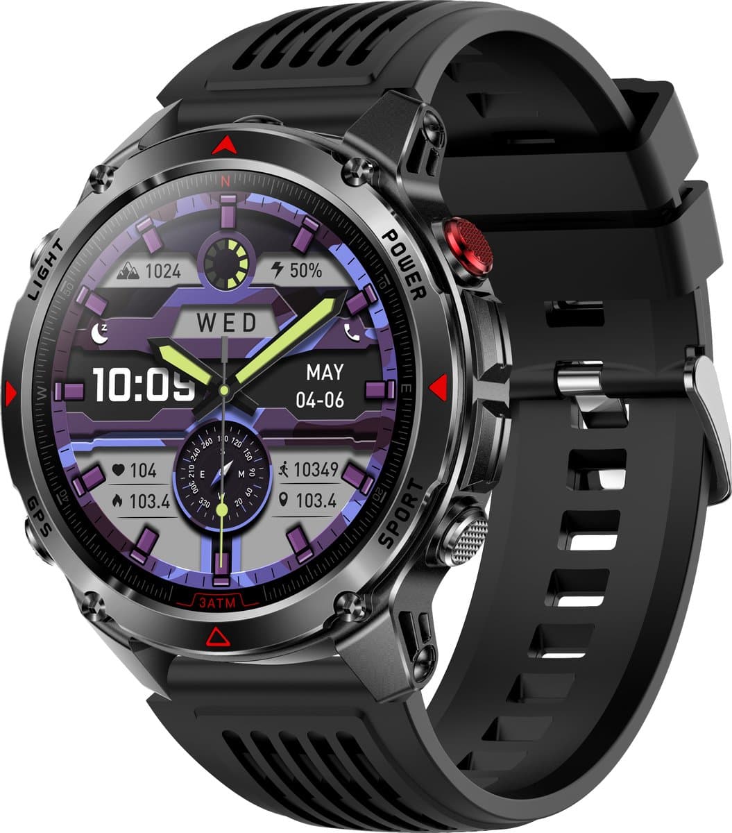 Knobbout 1.46”(3.7cm) GPS Outdoor Smartwatch – 6 Satelliet Positionering - Kompas & Hoogtemeter -LED-zaklamp - Hartslag & SpO₂, 30 m Waterdicht - 540mAh Batterij, Bluetooth 5.3- Zwart — afbeelding 1