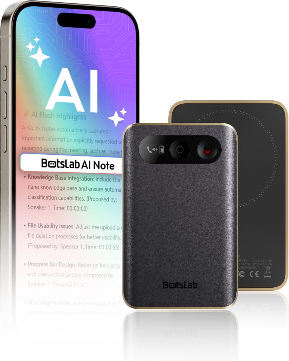 Botslab AI Note voice recorder – Slimme ChatGPT spraakrecorder met AI transcriptie & samenvattingen – 64GB geheugen – Nederlands & 120+ Talen – Magnetisch — afbeelding 1