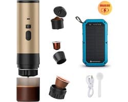 Best Active - 3-in-1 Draagbare Koffiemachine - Inclusief 10.000 mAh Solar Powerbank - Draagbaar Koffiezetapparaat - Cups en Gemalen Koffie - Draagbaar en Oplaadbaar - Espressomachine - Goud