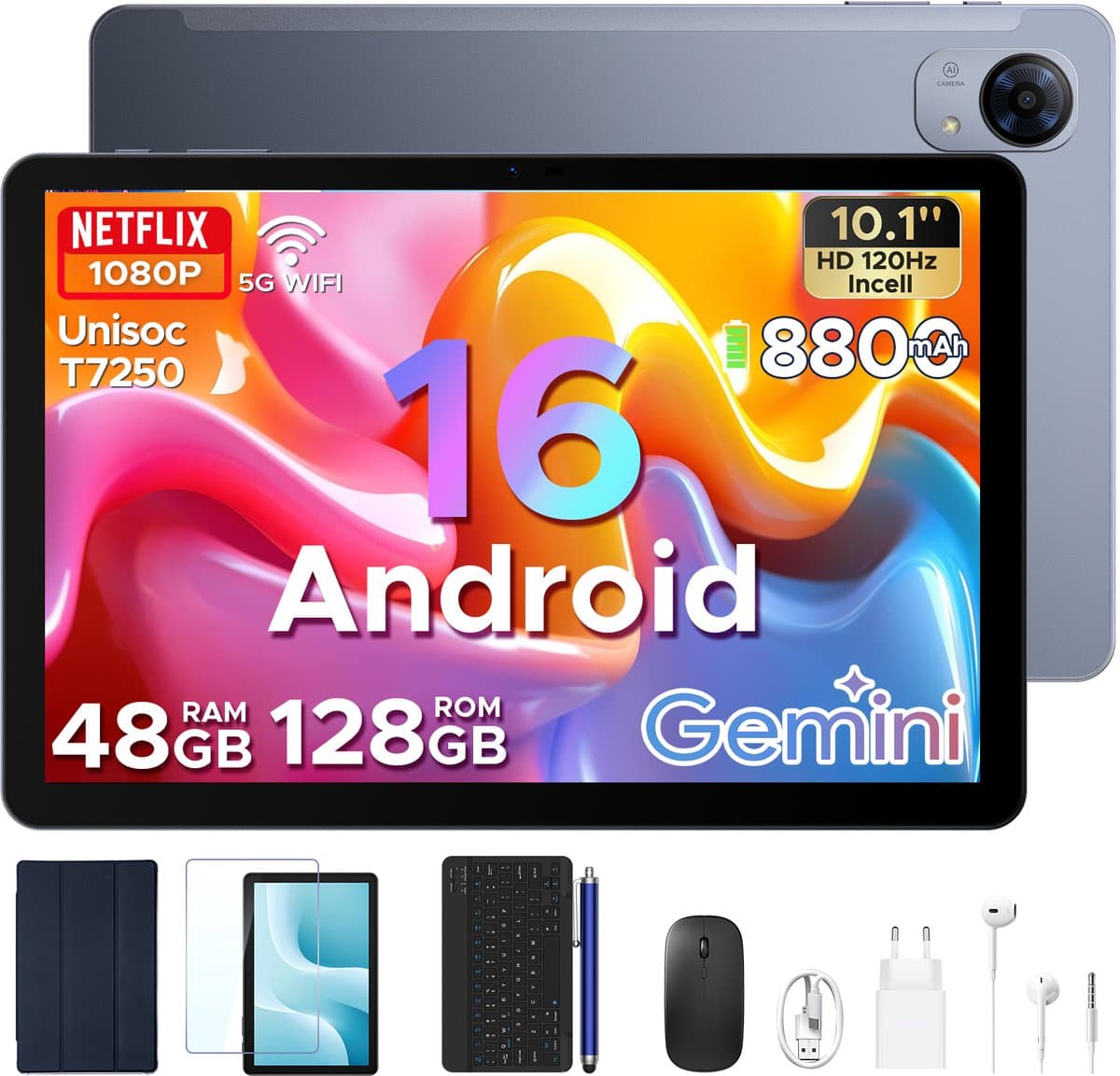 Aorlym P10 Pro - Tablet - 48 GB RAM (8+40 GB) + 128 GB ROM (2 TB/TF) - 10,1 inch HD 120 Hz - Android 16 - 8800 mAh - Gemini AI - T7250 - Face ID - Dubbele luidsprekers, complete accessoirebundel met toetsenbord en stylus - Grijs — afbeelding 1