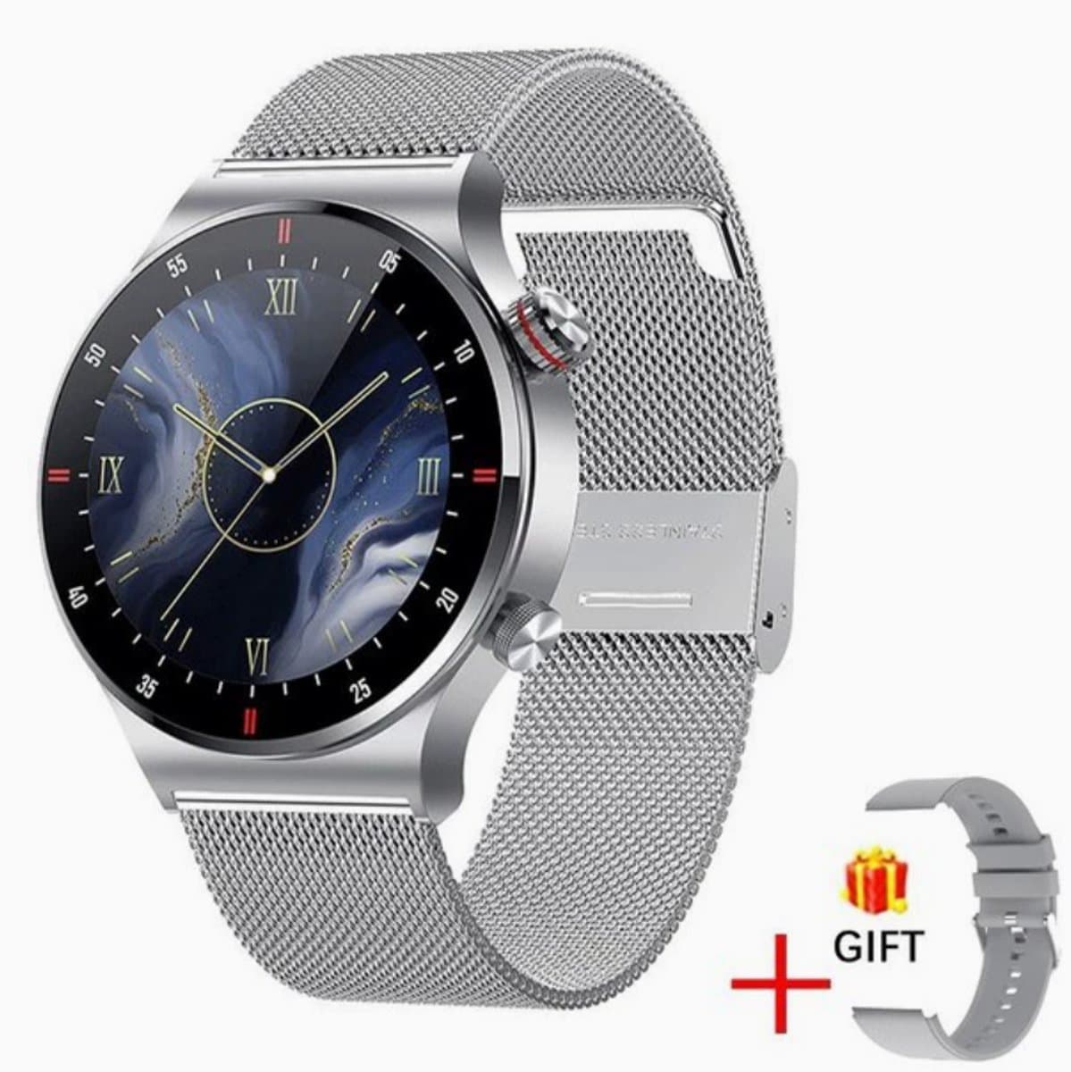 Knobbout 1,28" IPS inch Touchscreen smartwatch- Met de roterende knop wissel je snel tussen schermen- Persoonlijk Wijzerplaatontwerp - Bluetooth bellen en contacten synchronisatie - zilver staal+siliconen horlogeband — afbeelding 1