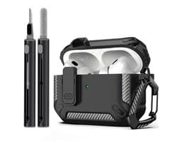 Zwart robuust hoesje voor oordopjes met carbon look geschikt voor AirPods Pro 2 inclusief schoonmaakset en karabijnhaak – schokbestendig en duurzaam