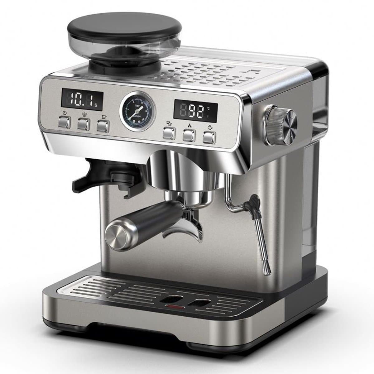 Bresco® Barista Espressomachine – Pistonmachine met Koffiemolen – RVS Koffiemachine melkopschuimer – Bonenmaler – Brushed Stainless Steel — afbeelding 1