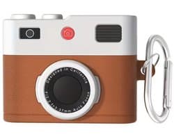 Bruin wit hoesje voor oordopjes unisex in retro camera vorm met karabijnhaak geschikt voor AirPods 4 met leerlook structuur en reliëf details