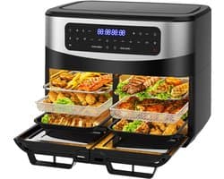 Dewelling XXL 12L Airfryer KDFO-5511DTW – 2600W Multifunctionele Heteluchtfriteuse met Dubbele Zone Onafhankelijk Koken - Verwijderbare Tussenwand - Dubbel Gelijktijdig Koken - Met Kijkvenster - 10 Vooraf ingestelde Menu's - 50–200°C