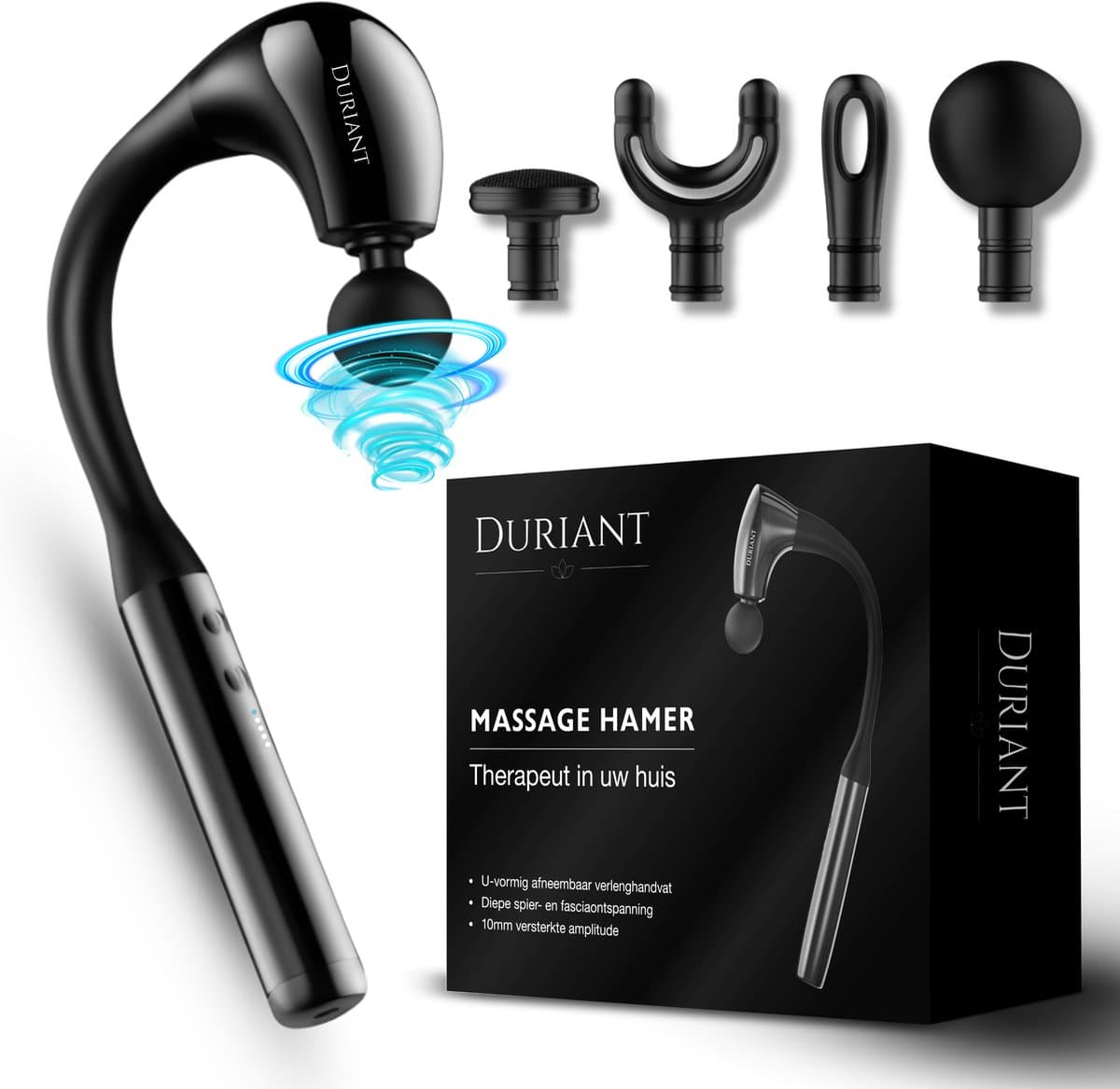 Duriant®- Massage gun professioneel-Unieke 2-in-1 Functionaliteit-Massage gun- Professioneel- Massage pistool- 4 opzetstukken- Ergonomisch Gebogen Design – Spierherstel & Ontspanning-Volledige lichaamsmassage –Overal inzetbaar- Zwart — afbeelding 1
