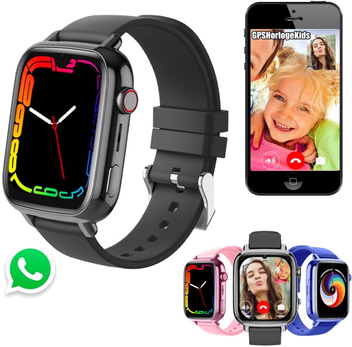 GPSHorlogeKids© - GPS horloge kind - smartwatch kinderen - WhatsApp - 4G videobellen - SOS alarm - TikTok - Google Assistant - facebook - smartwatch kind - nieuw 2025 - incl SIM – model Flux Zwart — afbeelding 1