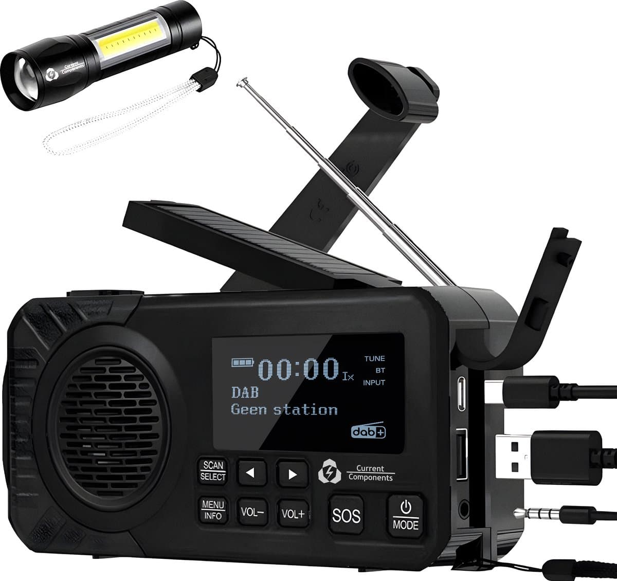 Noodradio - DAB+ - Solar Opwindbaar - Powerbank - Draagbare Radio - Noodpakket - Zaklamp - Opladen en op Batterijen - Bluetooth - Volledig Nederlands — afbeelding 1