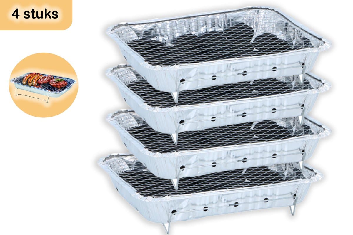Wegwerpbarbecue 4 stuks – Instant BBQ met 600g Houtskool – Voor 8 Personen – Ideaal voor Balkon, Tafel en Picknick — afbeelding 1
