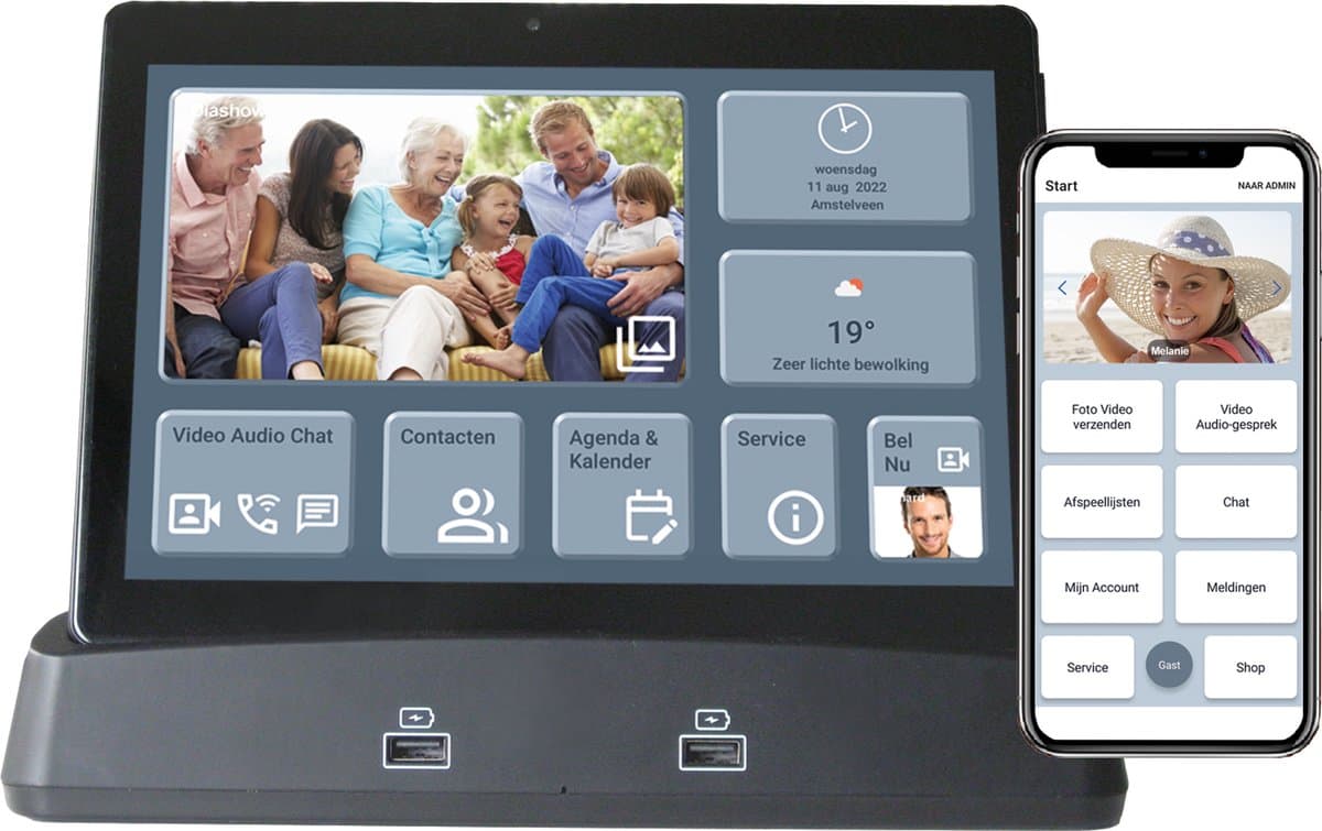 PRIFORA Zorg-Tablet met Gratis Prifora App. Verbind hele familie met Beeldbellen. Ideaal voor Mantelzorgers en Zorgverleners. Eenvoudig bedienen, ook op afstand met App. Basis Station Speakers voor goed geluid, draadloos opladen, Automatisch Diashow — afbeelding 1
