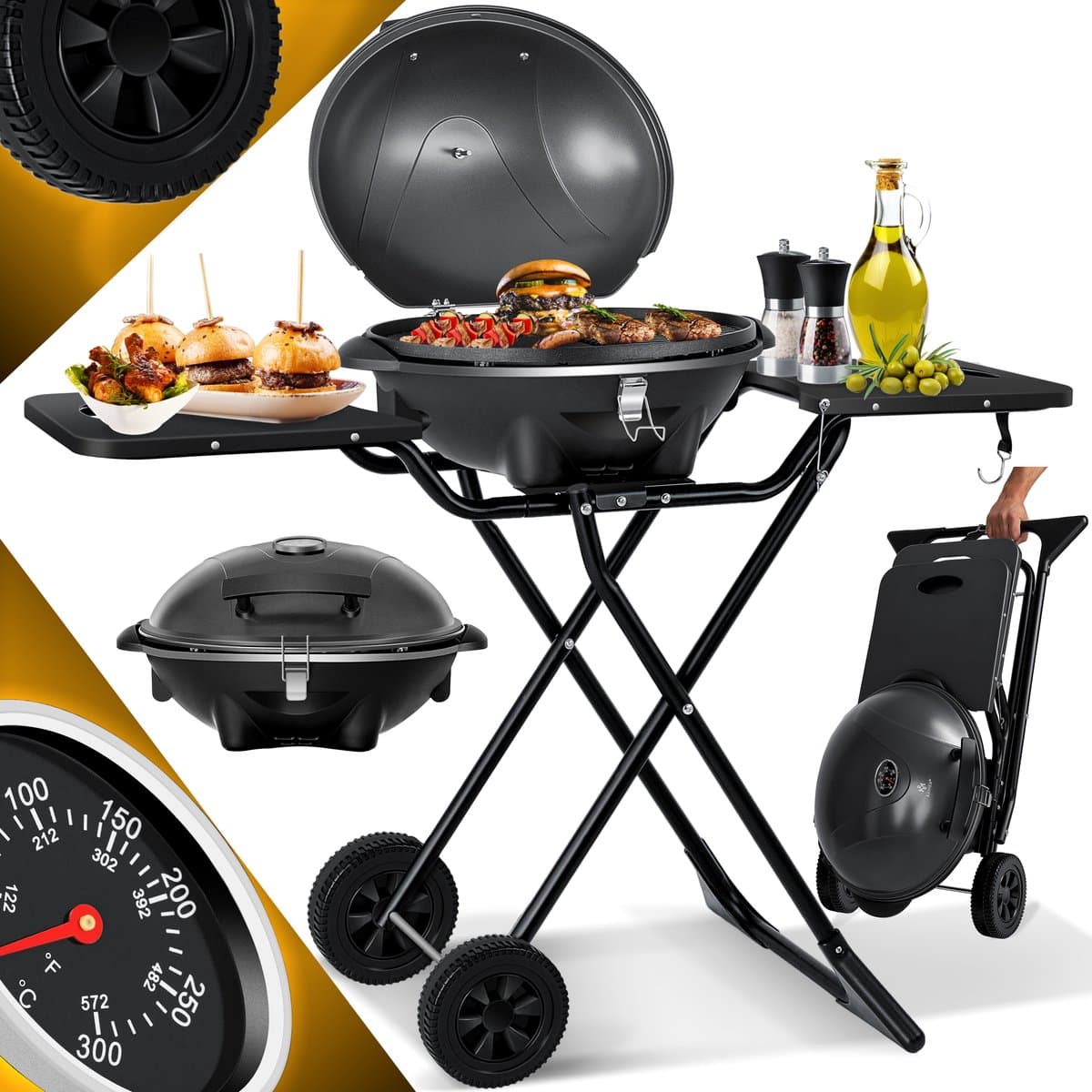 KESSER® Elektrische Barbecue 2in1 Tafelgrill 2400W - Staande Grill BBQ met deksel, Thermometer en Grillplaat - Tafelbarbecue Antiaanbaklaag met Opbergtafel en 2 wielen - Zwart — afbeelding 1