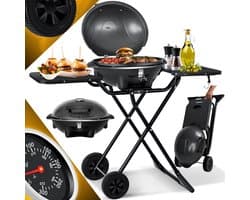 KESSER® Elektrische Barbecue 2in1 Tafelgrill 2400W - Staande Grill BBQ met deksel, Thermometer en Grillplaat - Tafelbarbecue Antiaanbaklaag met Opbergtafel en 2 wielen - Zwart