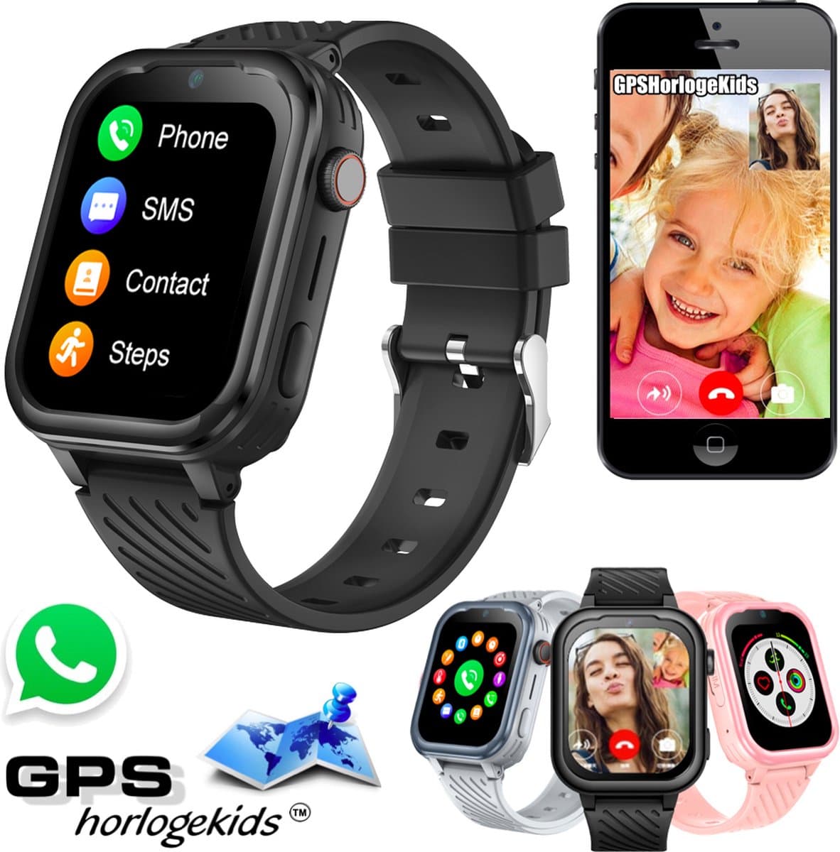 GPSHorlogeKids© - GPS horloge kind - smartwatch kinderen - WhatsApp - 4G videobellen - spatwaterdicht - SOS alarm - SMS - incl SIM - Turn Zwart — afbeelding 1