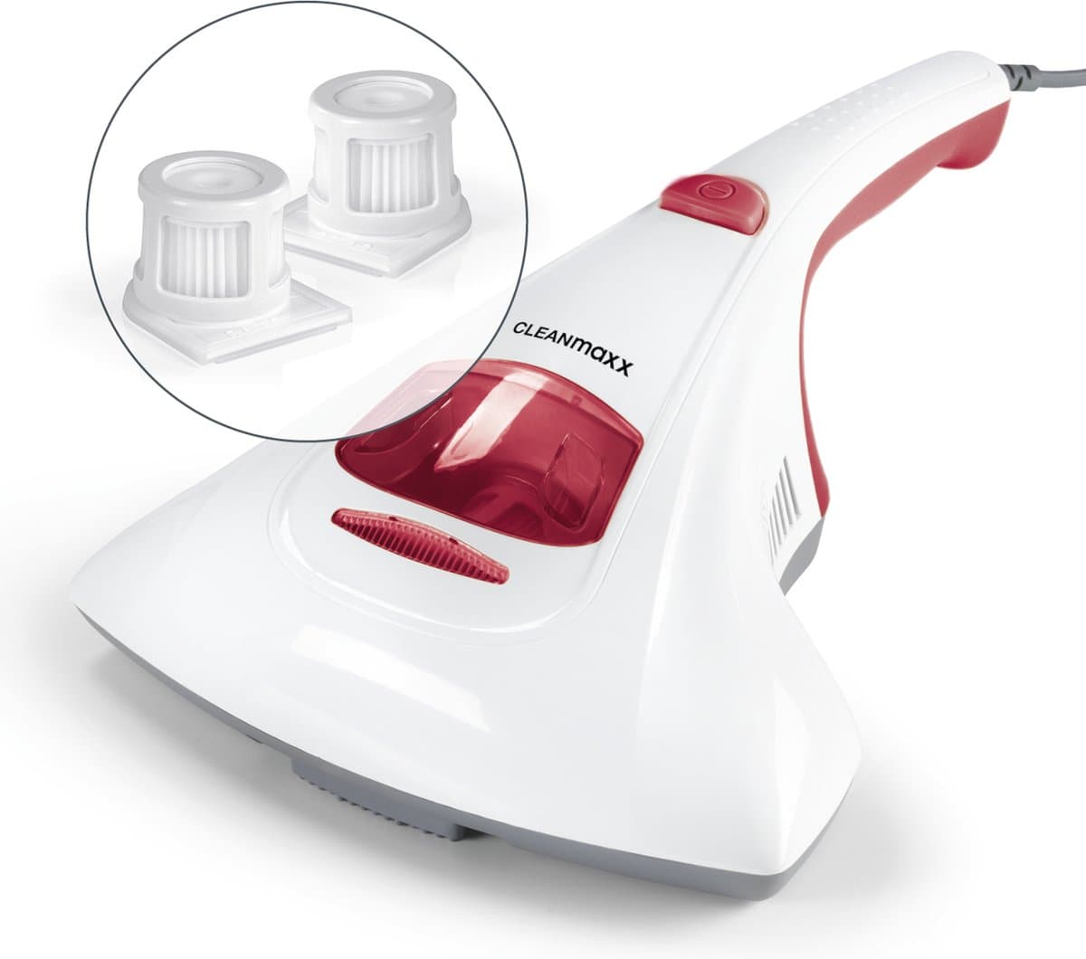 CLEANmaxx huisstofmijt handstofzuiger met UV-C lamp incl. 2 vervangingsfilters - wit/rood — afbeelding 1