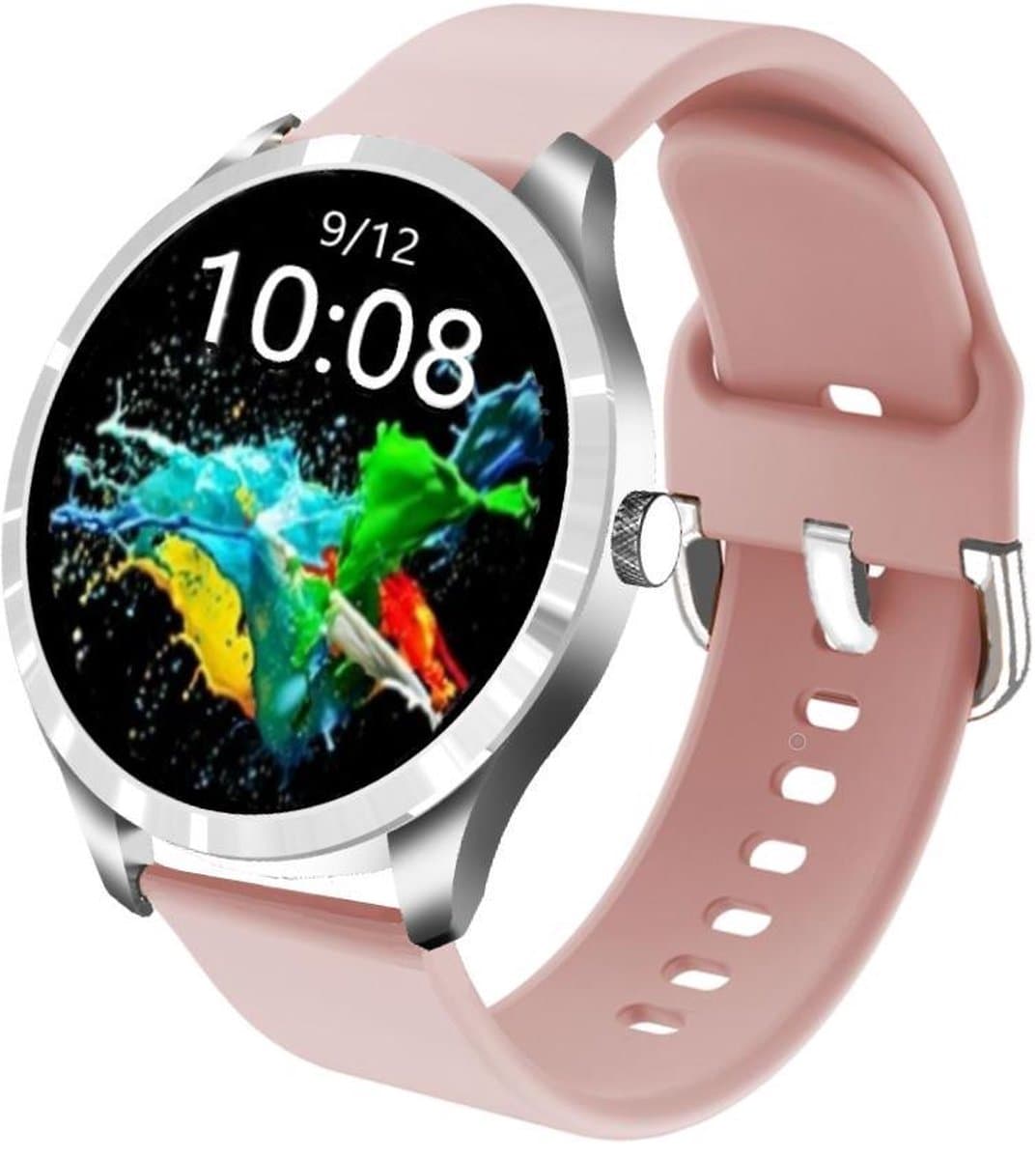 Belesy® BQSiRgPk Pro - Smartwatch Dames – Smartwatch Heren - Horloge - 1.28 inch - Kleurenscherm - Stappenteller - Bloeddruk - Hartslag - 75+ Wijzerplaten – Sporten – Zilver – Siliconen - Roze - Kerstcadeau — afbeelding 1