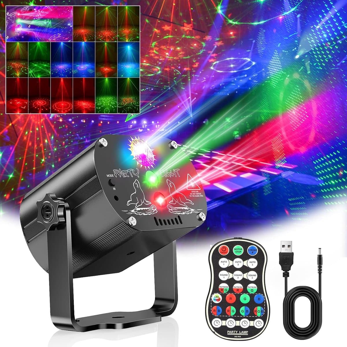 Ynkkvre - discobal met muzieksturing - feestlamp met 60 lichteffecten - stroboscoop met afstandsbediening en 2 m USB-kabel voor thuis, kinderfeest, club en verjaardag — afbeelding 1