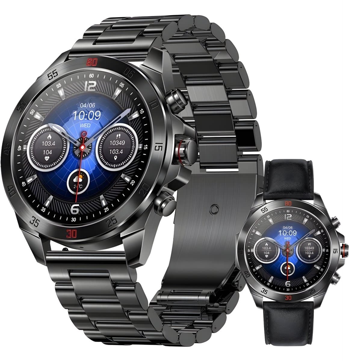 Royal Empire Amoled PRO Smartwatch - Smartwatch Heren - Stappenteller - Bloeddrukmeter - Hartslagmeter - Slaapmonitor - RVS en Leren bandje - Multisport - 46MM - Geschikt voor alle Smartphones - Kleur Zwart — afbeelding 1