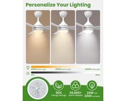 Plafondventilator met verlichting en afstandsbediening, stille 106 cm ventilator met 6 snelheden voor slaapkamer
