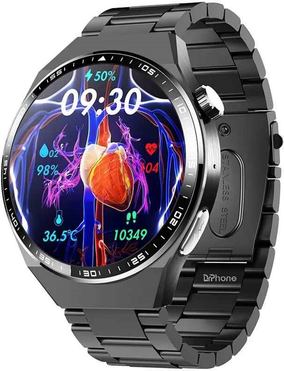 DrPhone ChronaX4 Smartwatch – ECG, Bloedglucose, SpO2, Urinezuur, Lichaamssamenstelling, Bluetooth Bellen, 158 Sportmodi, Slaap & HRV, IP67 – Zwart — afbeelding 1