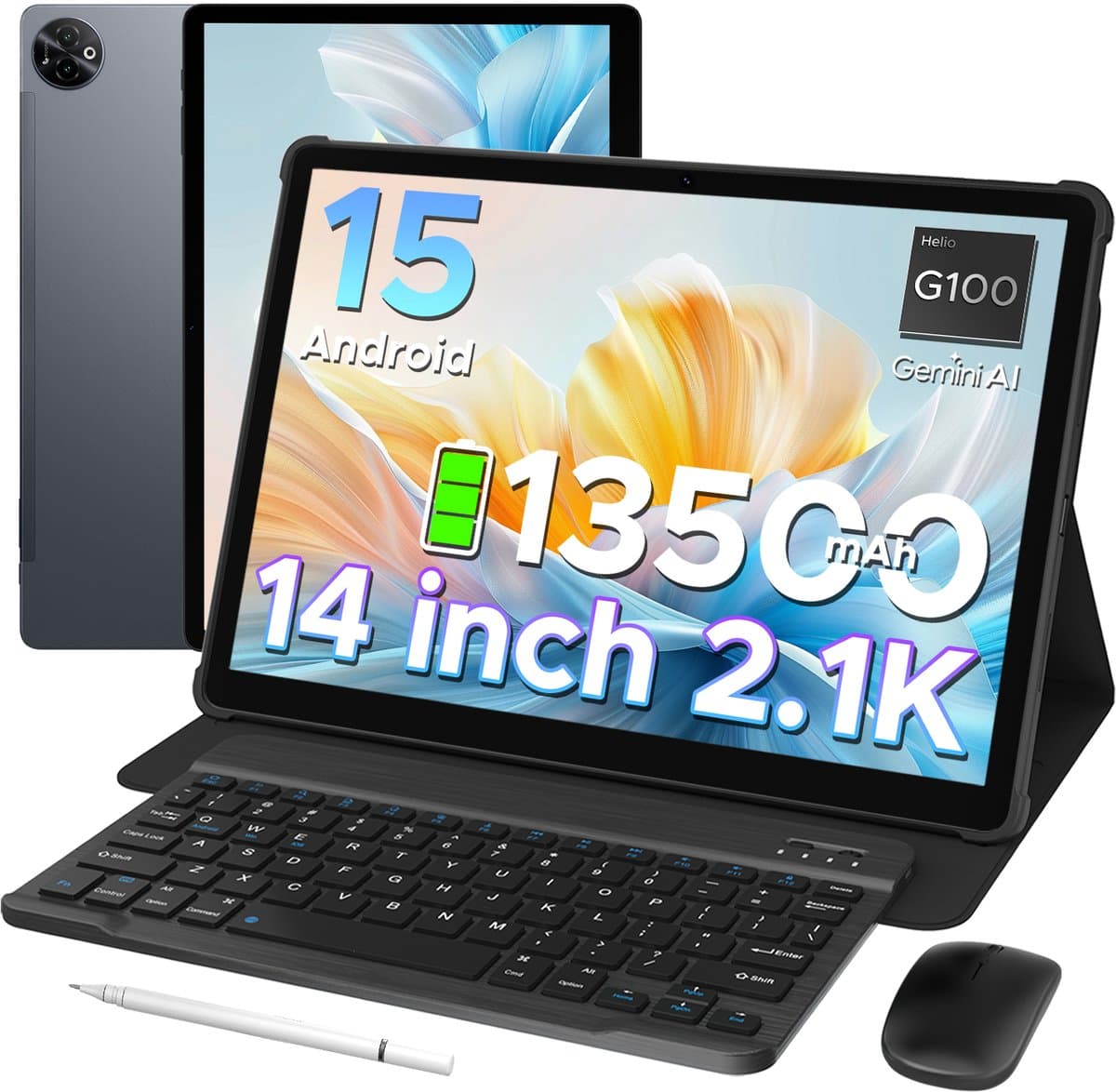 Doogee TAB E3 Max VIP - Tablet - 32 GB RAM + 256 GB ROM /TF 2TB -MTK Helio G100 - 14 inth Ips - Android 15 - 13500mAh - 4G LTE - 5G WLAN - Vier luidsprekers - GPS - Grijs — afbeelding 1