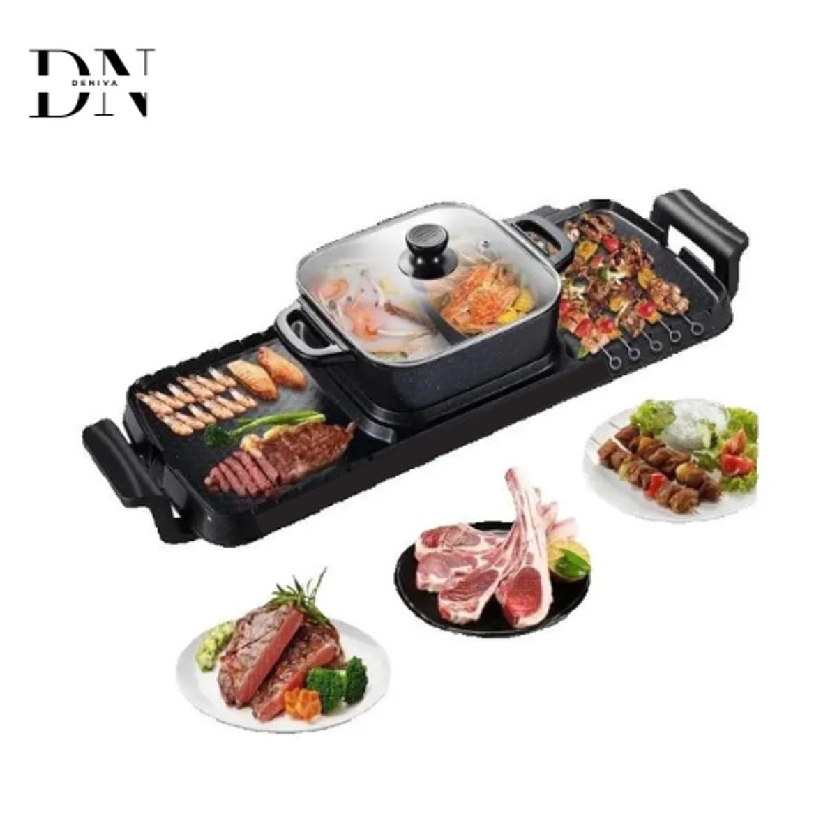 Deniva - Elektrische BBQ Pan Grill & Hot pot - 2-in-1 - Gourmetstel - Anti Aanbak - Rookvrij - BBQ - Grill - 2400W - 1-8 Personen — afbeelding 1