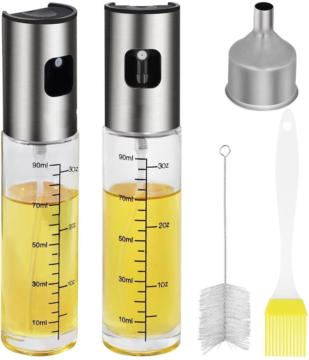 PromoHome Olie Spray Fles 2-Pack, 100ml Olijfolie Sprayer Oliesproeier, Olieverstuivers voor Koken Air Fryer Keuken, Glazen Olieverdeler Lekvrij met Grote Trechter en Reinigingsborstel — afbeelding 1
