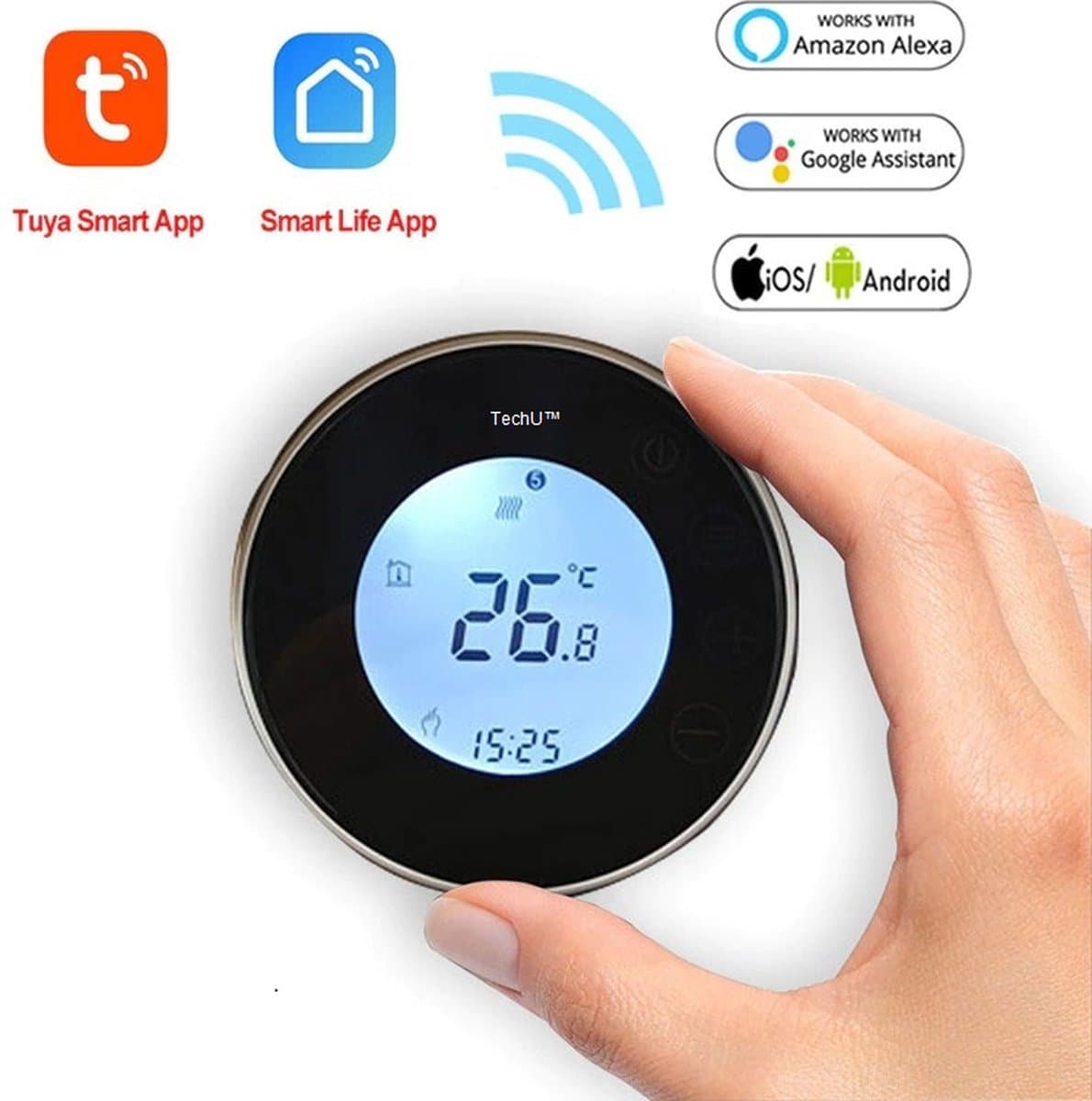 TechU™ Smart Thermostaat Round – Zwart met Witte Rand – Alleen voor Elektrische Vloerverwarming – Wifi & App – Google Assistant & Alexa – Persoonlijk programma instelbaar — afbeelding 1
