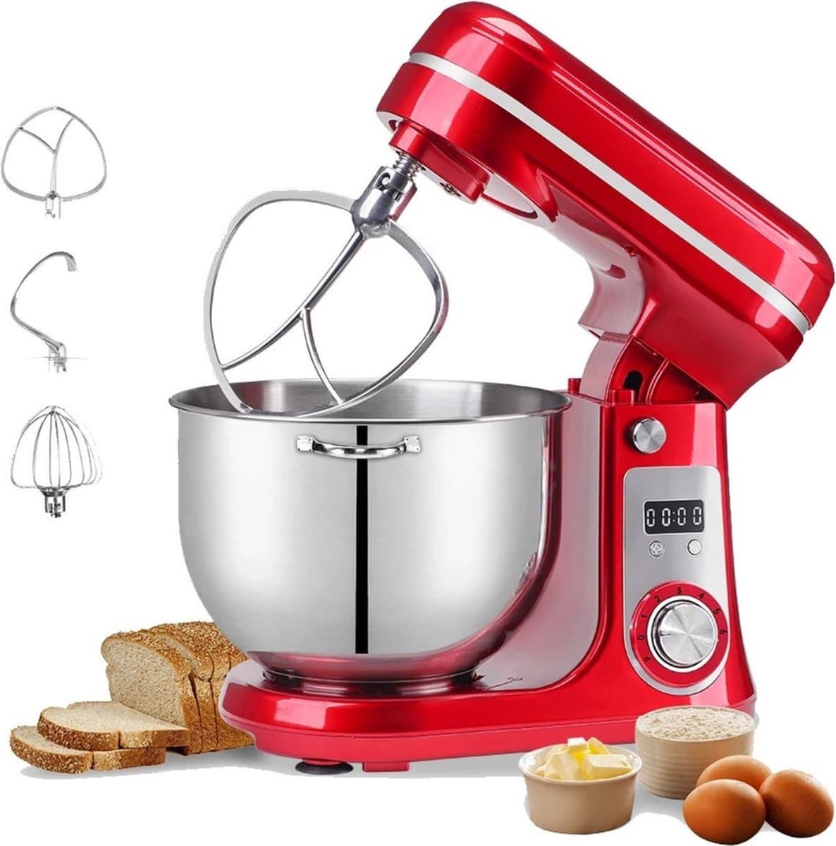Keukenmachine - Keukenmixer + 3 opzet stukken - Foodprocessor + Deeg haak /Roer stang/ Mengstaaf - 6L - Met Mengkop — afbeelding 1