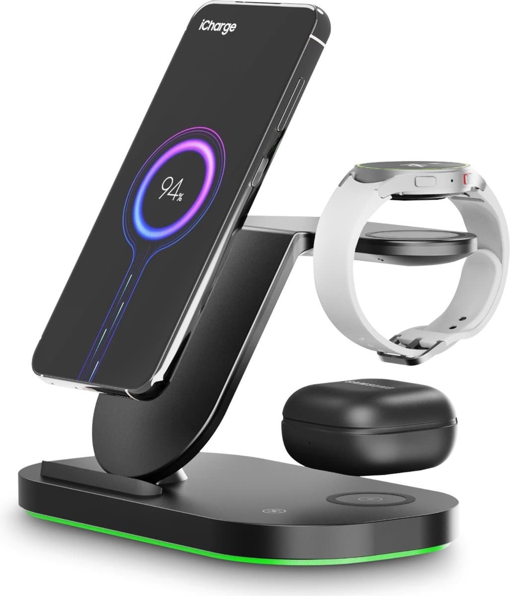 iCharge Samsungs Pro Edition 2.0 - Draadloze Oplader - 3-in-1 Design - Smartphone - Smartwatch - Oordopjes - Gratis Ultra Adapter - Zwart — afbeelding 1