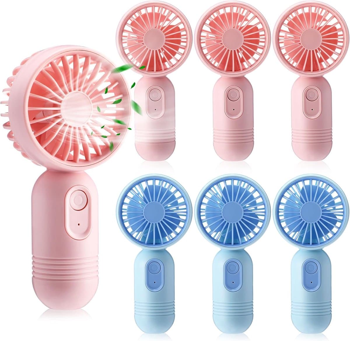 Set van 7 mini draagbare ventilatoren, schattig en lichtgewicht, compact en draagbaar, 3 windsnelheden, USB oplaadbaar, unisex, geschikt voor binnen- en buitengebruik, make-up en op reis (roze en blauw). — afbeelding 1