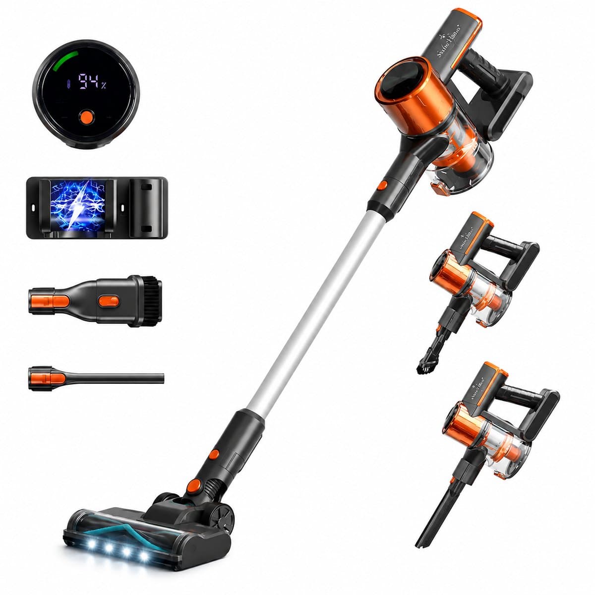 Swiss Haus® CVC2501 Steelstofzuiger Draadloos – 35 Minuten - 3 Snelheden – HEPA Filter – Draadloze Stofzuiger Zonder Zak - LED Display – Wandhouder – 150W - Vacuum Cleaner - Oranje — afbeelding 1