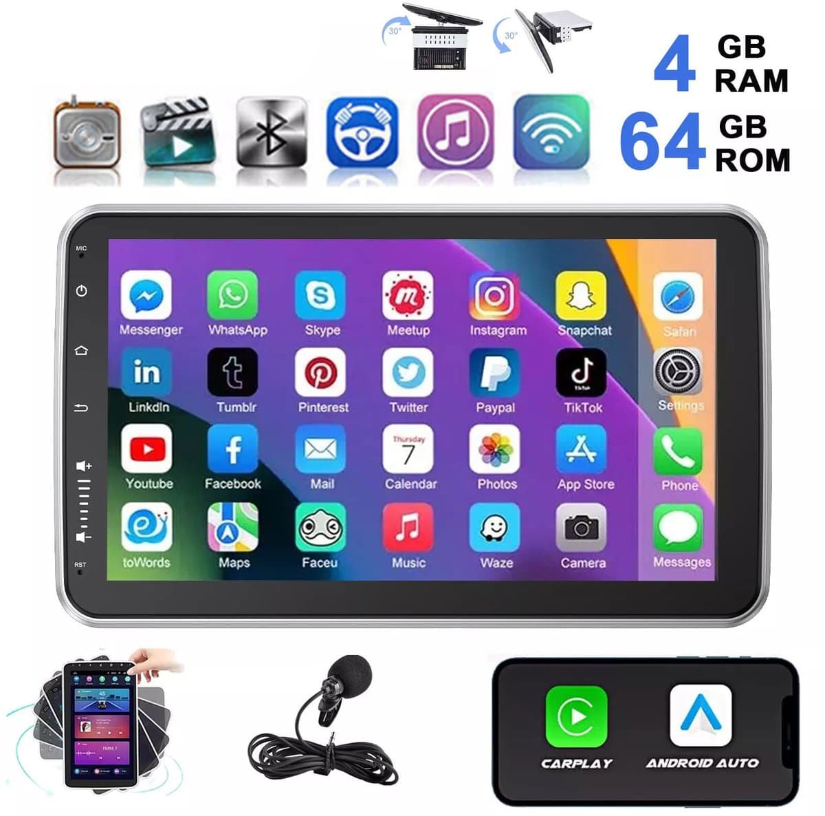 ESSGOO 360° draaibaar scherm 1DIN Autoradio - Draadloos Carplay & Andriod Auto - GPS-navigatiesystem - Android 15 - 4+64G - Microfoon - FM RDS Wifi Bluetooth — afbeelding 1