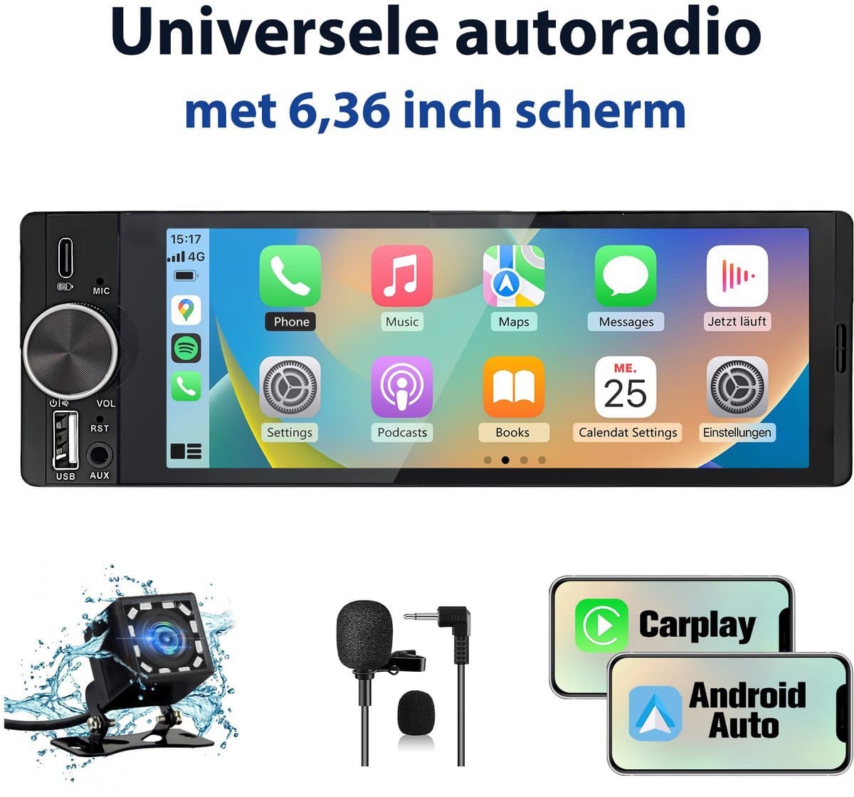 HexinexMarket - 1DIN Autoradio - 6,36 inch scherm - met Draadloze Carplay & Android Auto - WIFI BT 5.2 - USB/USB-C + Achteruitrijcamera — afbeelding 1