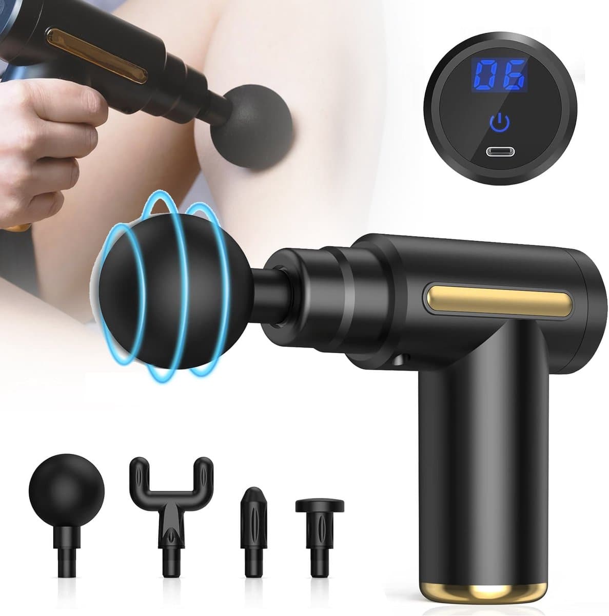 Mini Massagepistool - Handmassageapparaat Voor Spieren Met 6 Snelheden - Diepweefselpercussiemassageapparaat - 4 Massagekoppen — afbeelding 1