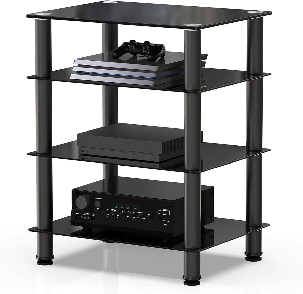 FITUEYES - 4-laags HiFi-meubel - Gehard Zwart Glas met Aluminium Frame - In Hoogte Verstelbare Planken - Geschikt voor platenspeler en versterker — afbeelding 1