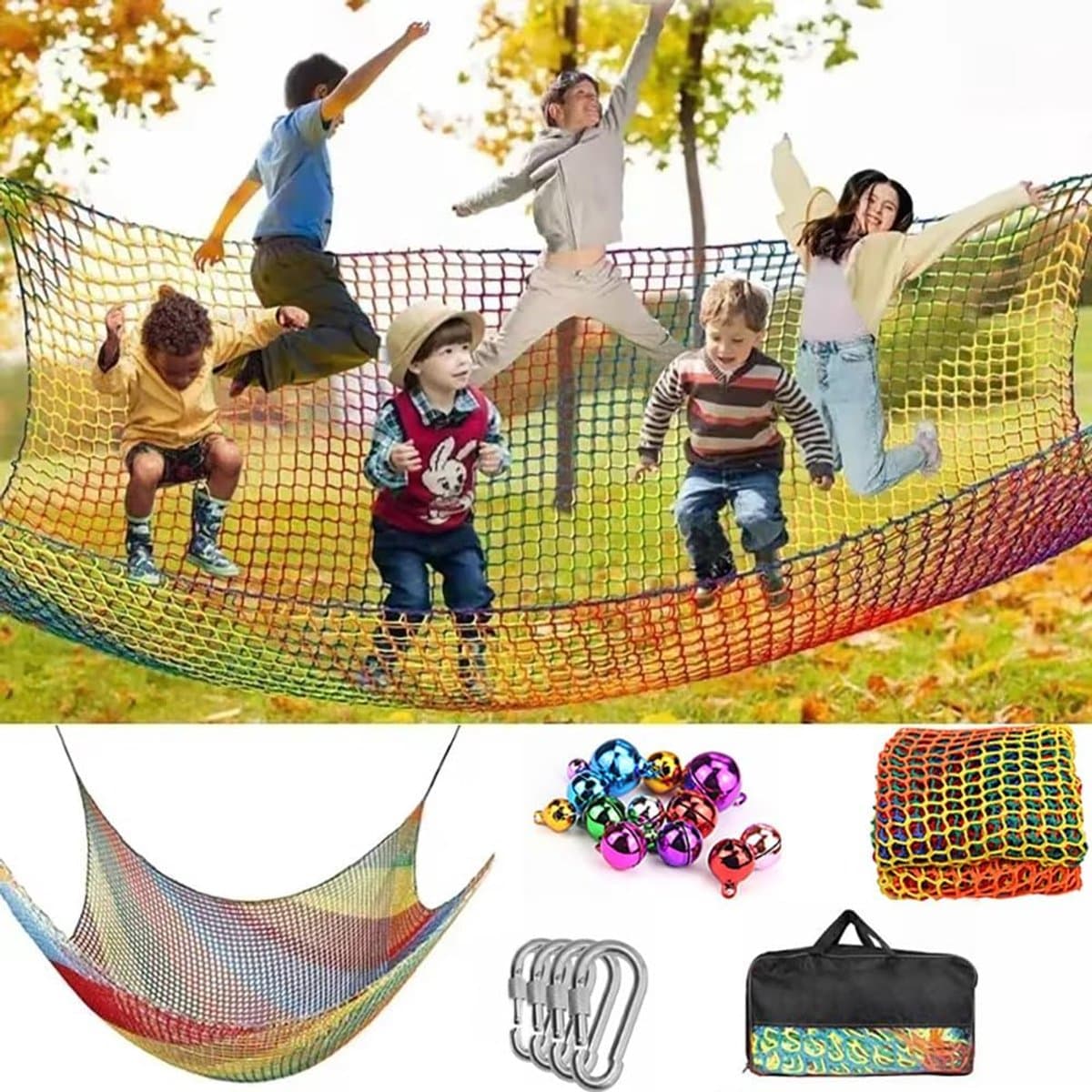 Klimnet voor speelplaats, valbeschermingsnet, kinderveiligheidsnet, dubbellaags, 4 cm gat, met 6 veiligheidshaken, opbergtas voor kinderen om te klimmen (kleurrijk, 2 x — afbeelding 1
