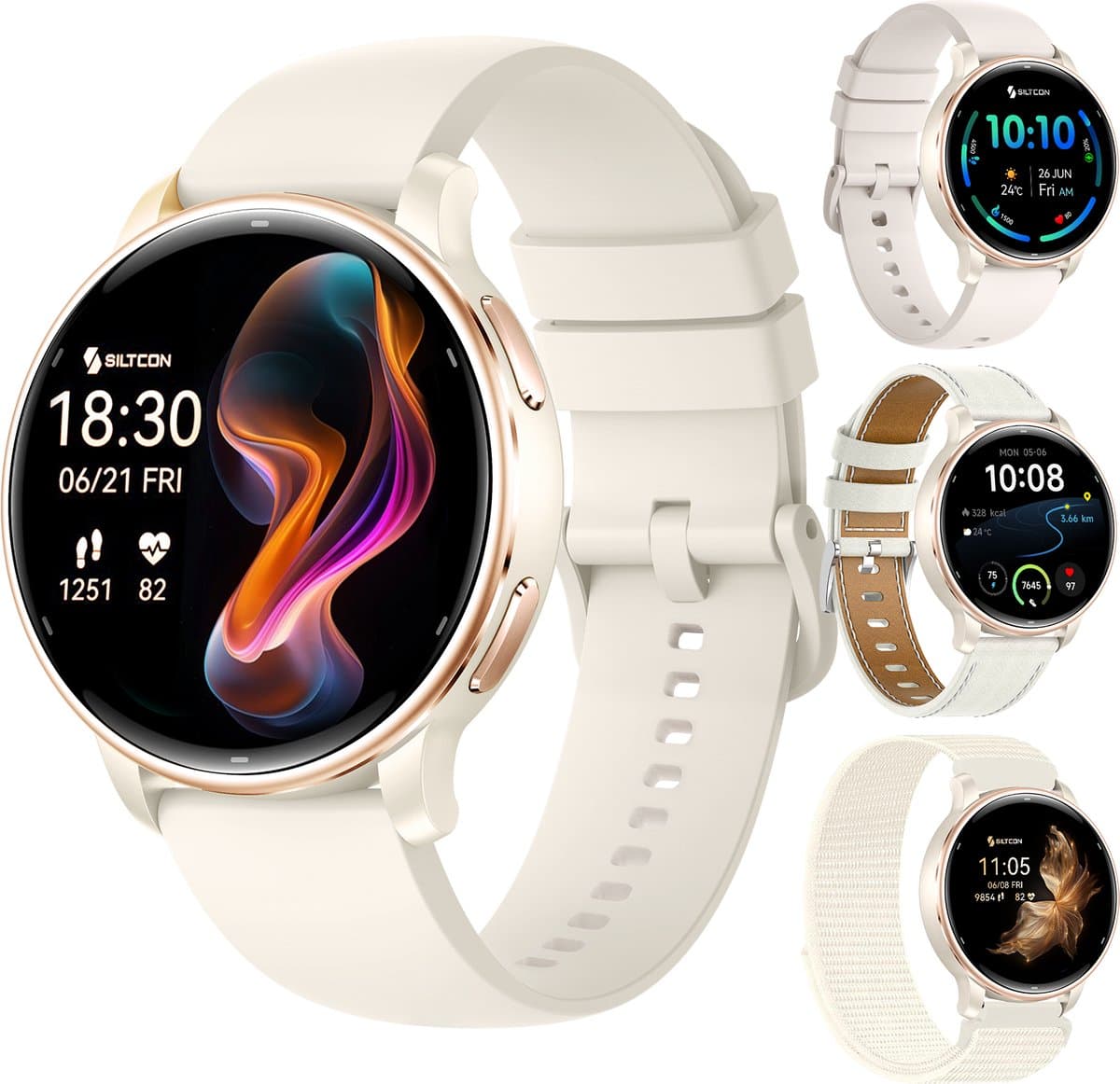 Siltcon® Auréa 2 - GPS Smartwatch Dames Beige Champagne Gold- Horloge Dames - Stappenteller Horloge Dames - Sporthorloge Dames - Hartslagmeter - Slaapmonitor - Saturatiemeter - Belfunctie - Universeel - AMOLED - RVS - Elke pols - Strava - 4 Bandjes — afbeelding 1