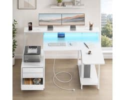 L-vormige Gaming Bureau met LED Verlichting, Stopcontacten en USB-poorten-WIT.