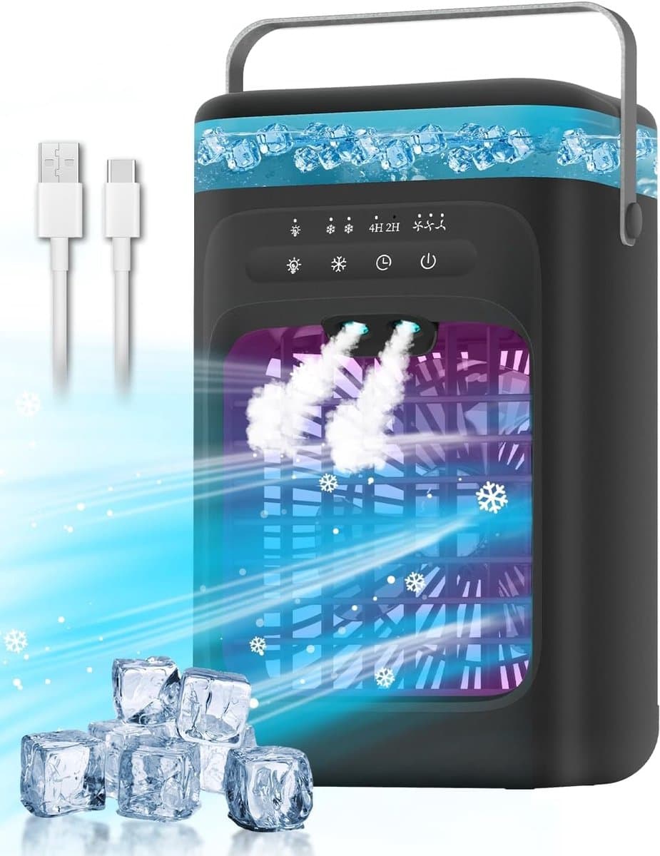 Draagbare aircooler - mini-luchtkoeler met 3 snelheden & 2 vernevelingsstanden, 120° oscillatie, verlichting in 7 kleuren & timer (2-4 uur), compacte koelventilator voor slaapkamer, kantoor, thuis en camping - zwart — afbeelding 1