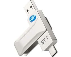 Draagbare SSD Stick - Externe Opslag USB Geheugen - Bestanden Overzetten - Dubbele USB-A en USB-C - 1 TB - Zilver