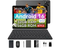 KINGRID T12Pro Tablet - 24GB RAM - 256GB ROM - 11.5 inch - 8000mAh - 4G Dubbele Simkaart - Android 16 - Met Toetsenbord - Hoes - Stylus - Muis - Gemini AI - GPS - Grijs