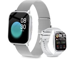 Smartwatch - Belfunctie - Sporthorloge voor dames - Waterbestendig voor dagelijks gebruik - Met hartslagmeting, slaapmonitoring, stappenteller en muziekbediening - Compatibel met Android- en iOS-systemen - Zilver (siliconen bandje + stalen bandje)
