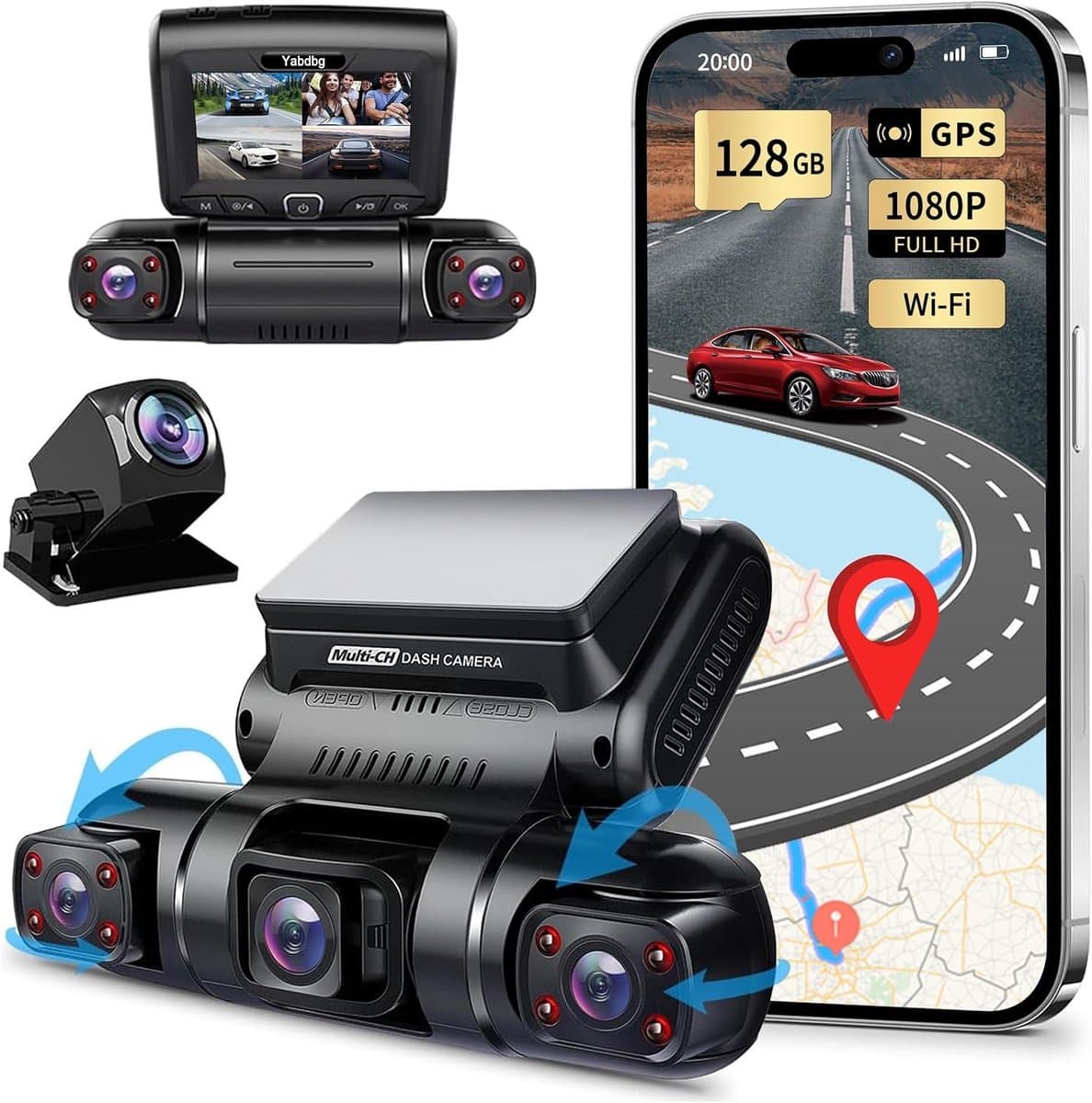 SnelShoppen - 4 Lens Dashcam Quad 4x1080P Auto Camera met GPS WiFi Parkeerstand, Nachtzicht, 150° Groothoek, 3" TFT Scherm, Loopopname G-Sensor, 128GB — afbeelding 1