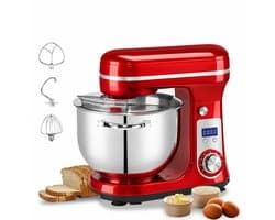 Zerova Keukenmachine 6L - Blender - Keukenmixer - Keukenapparaten - Standmixer 1200W - Garde - LED Display - 6 snelheden - Rood