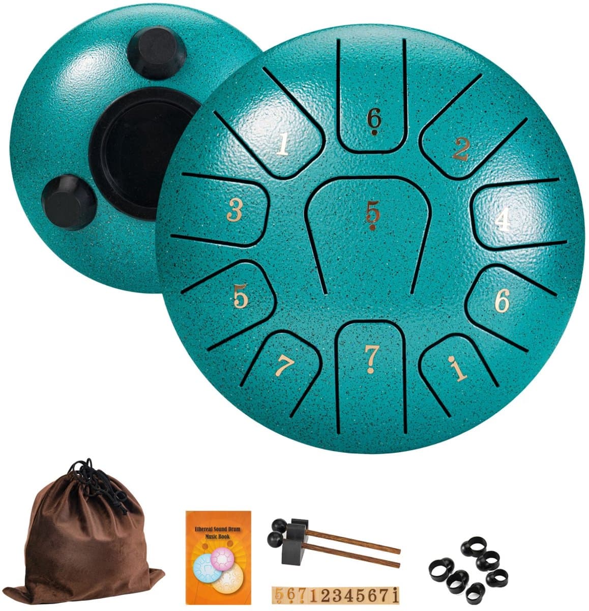 Lzwintrading Stalen Tongtrommel - 6 inch - 11 Tonen - Drum - Percussie - Stalen Instrument - Staaldruminstrument - Handpan Trommel met Stokken, Draagtas, Vingerbescherming - Handpalmtrommel voor Yoga, Meditatie, Muziekonderwijs , Cadeau - Malachiet — afbeelding 1