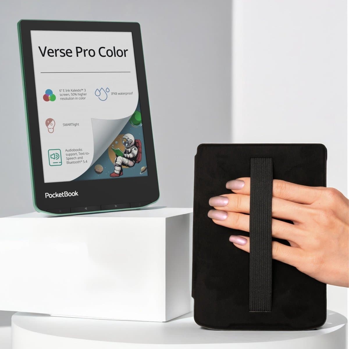PocketBook Verse Pro Color e-reader Sage Glow – 6 inch – 16 GB – waterdicht + Zwart met elastiek hoesje – voordeelbundel — afbeelding 1