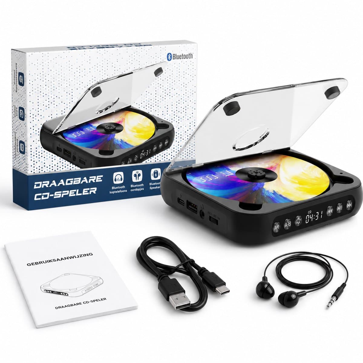 Quavitec Draagbare CD Speler met Oordopjes - Bluetooth 5.3 - Portable Discman met Ingebouwde Speaker - Radio / CD / CD-R / CD-RW - MP3 Speler - 3.5 MM AUX - Walkman voor in de Auto — afbeelding 1
