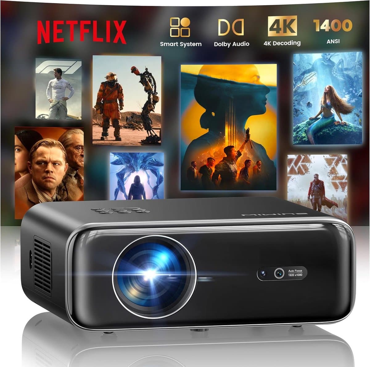SnelShoppen - Slimme Beamer WiFi Bluetooth Projector met 4K-ondersteuning, Autofocus, Dolby, 1080p Full HD, Automatische Keystone-correctie voor Thuis — afbeelding 1