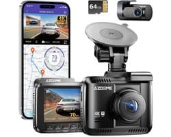 Thijox - Dashcam Auto 4K/2,5K GPS WiFi voor en achter met Starvis, 64GB SD-kaart, Parkeerbewaking, Super Nachtzicht, WDR, 170 Graden Groothoek